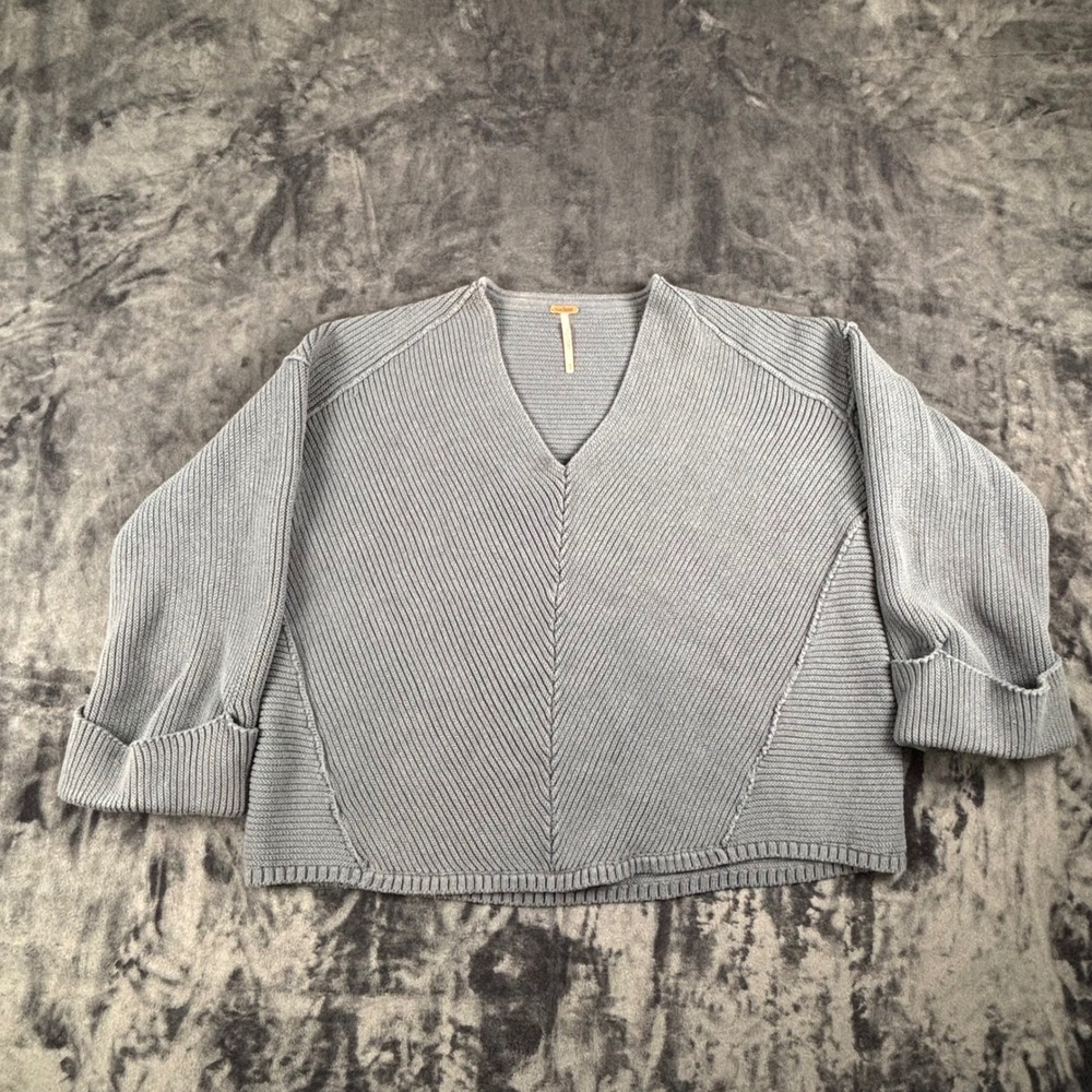 Free People Sweater Womens XS Blue Grey V-Neck Ribbed Knit Oversized Pullover